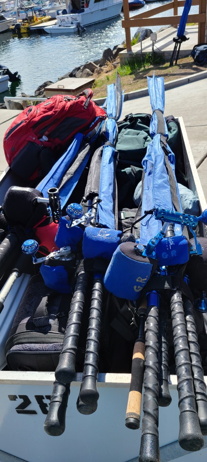 TWO 9' JAWS QUARTER CUT DESIGN TRAVELING ROD COVER FOR OFFSHORE B GAME ROD BLUE