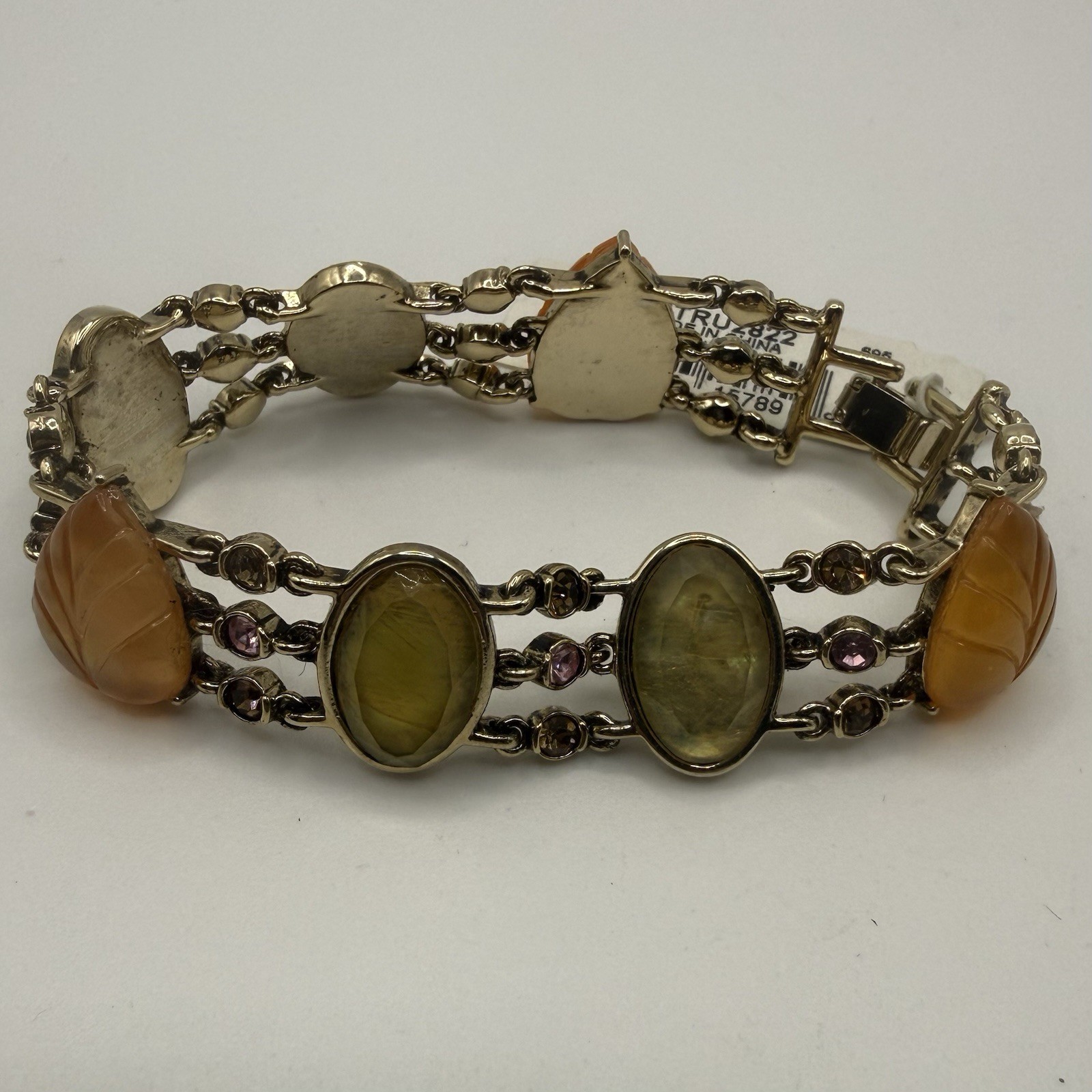 Vintage Trifari Bracelet Rhinestones Carved Acrylic Leaf Cabochons Gold Tone 7”