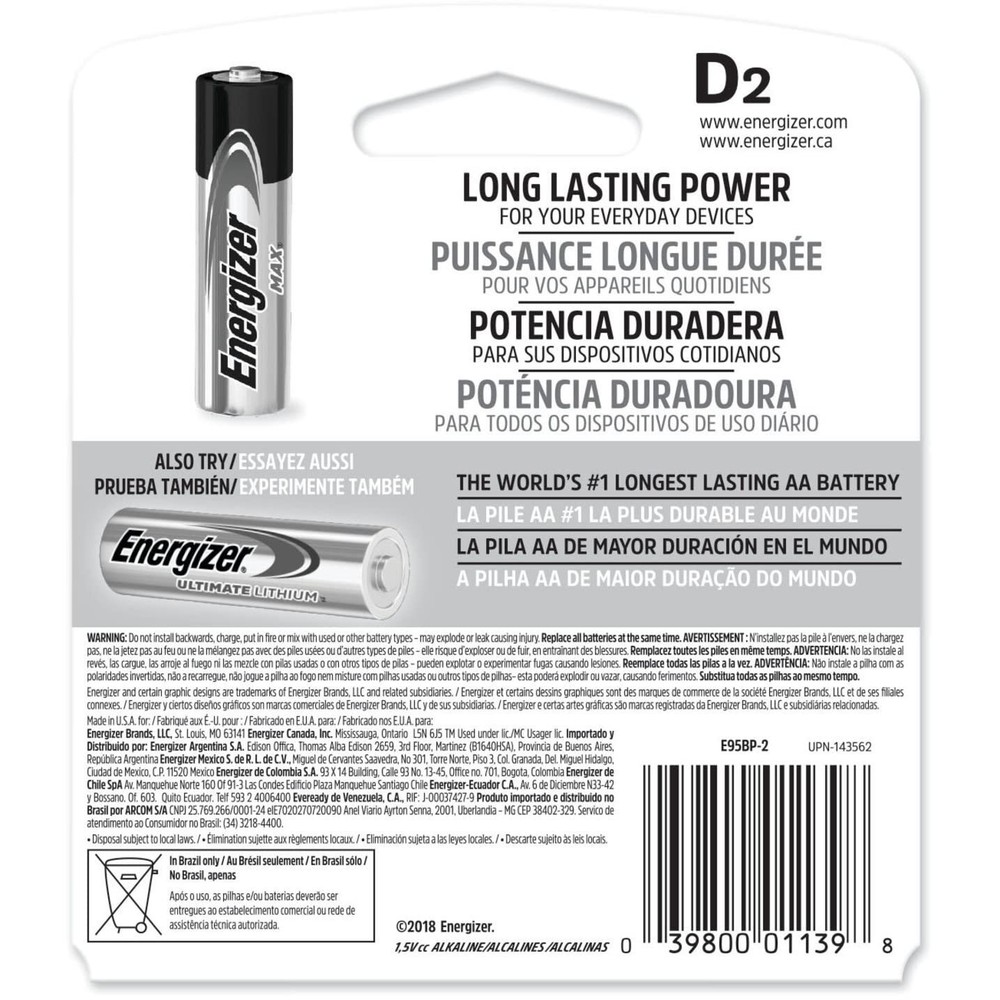 Energizer Max 1.5 VoltD Battery (2 Per Package)