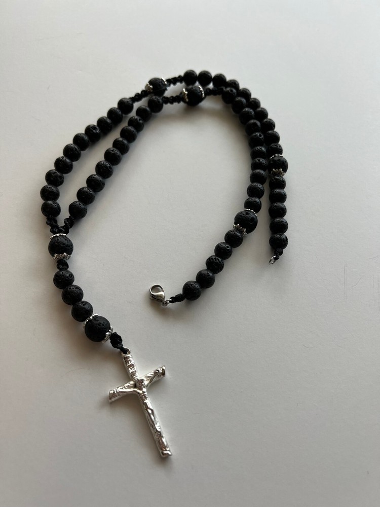 Volcano Lava stone beads 8mm Black Rosary and Holy Cross