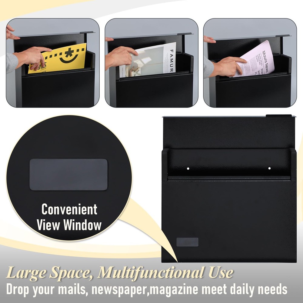 Mailbox Wall Mount Mailboxes for Outside, Large Capacity Steel Black