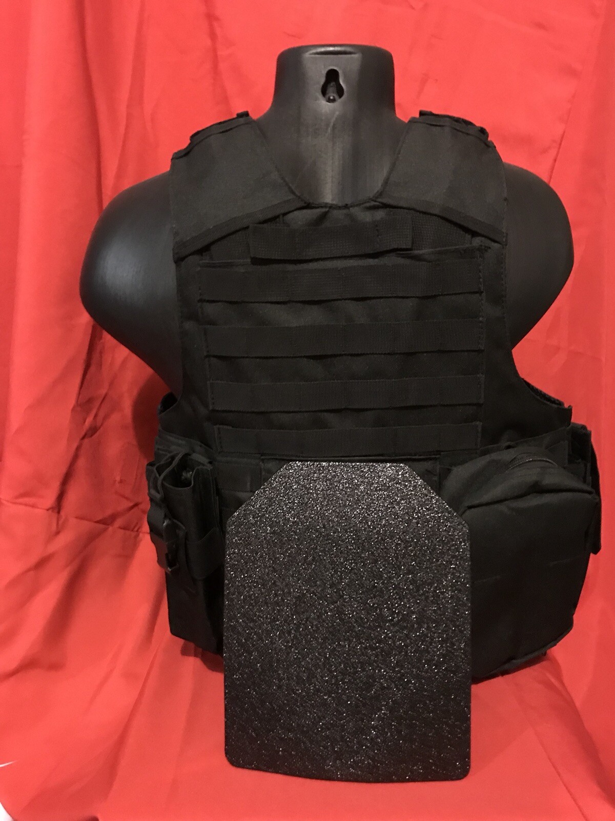 Tactical Vest Plate carrier- Black w/ 2 Curved 8x10 Plates & Pouches Included