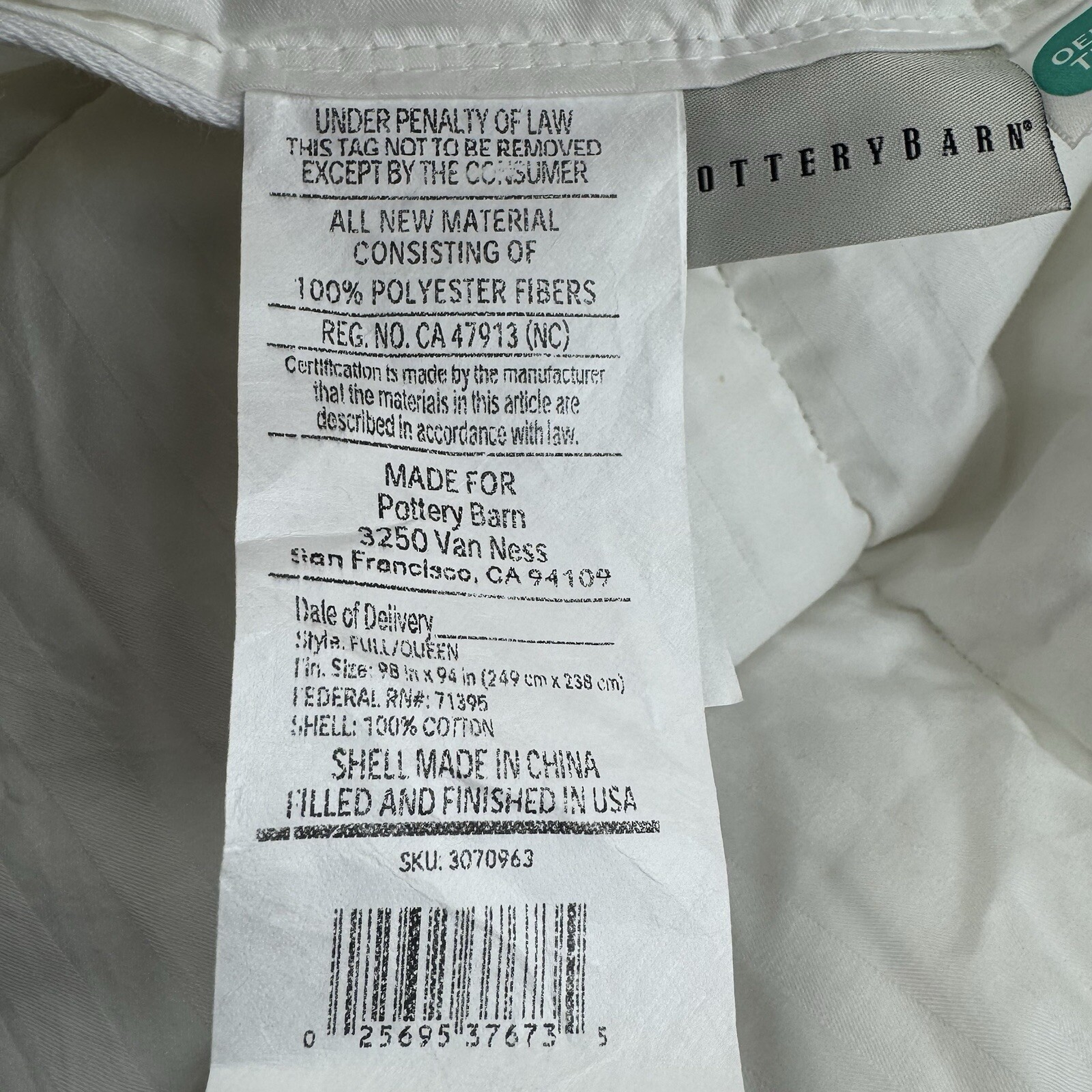 Pottery Barn Hydrocool Moisture Wicking Down Alternative Duvet Insert F/Q Read