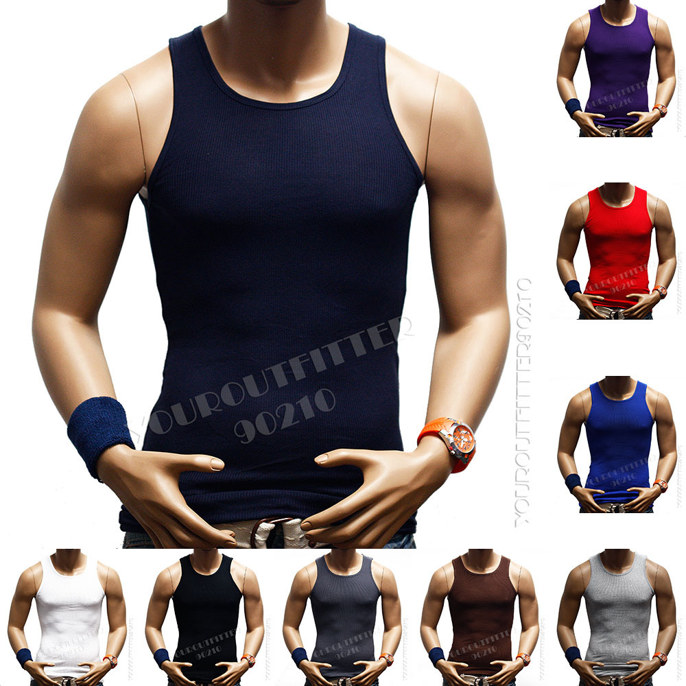 Men S-5XL 100% Cotton Tank Top T-Shirt A-Shirt Muscle Ribbed Wife Beater Tee Gym