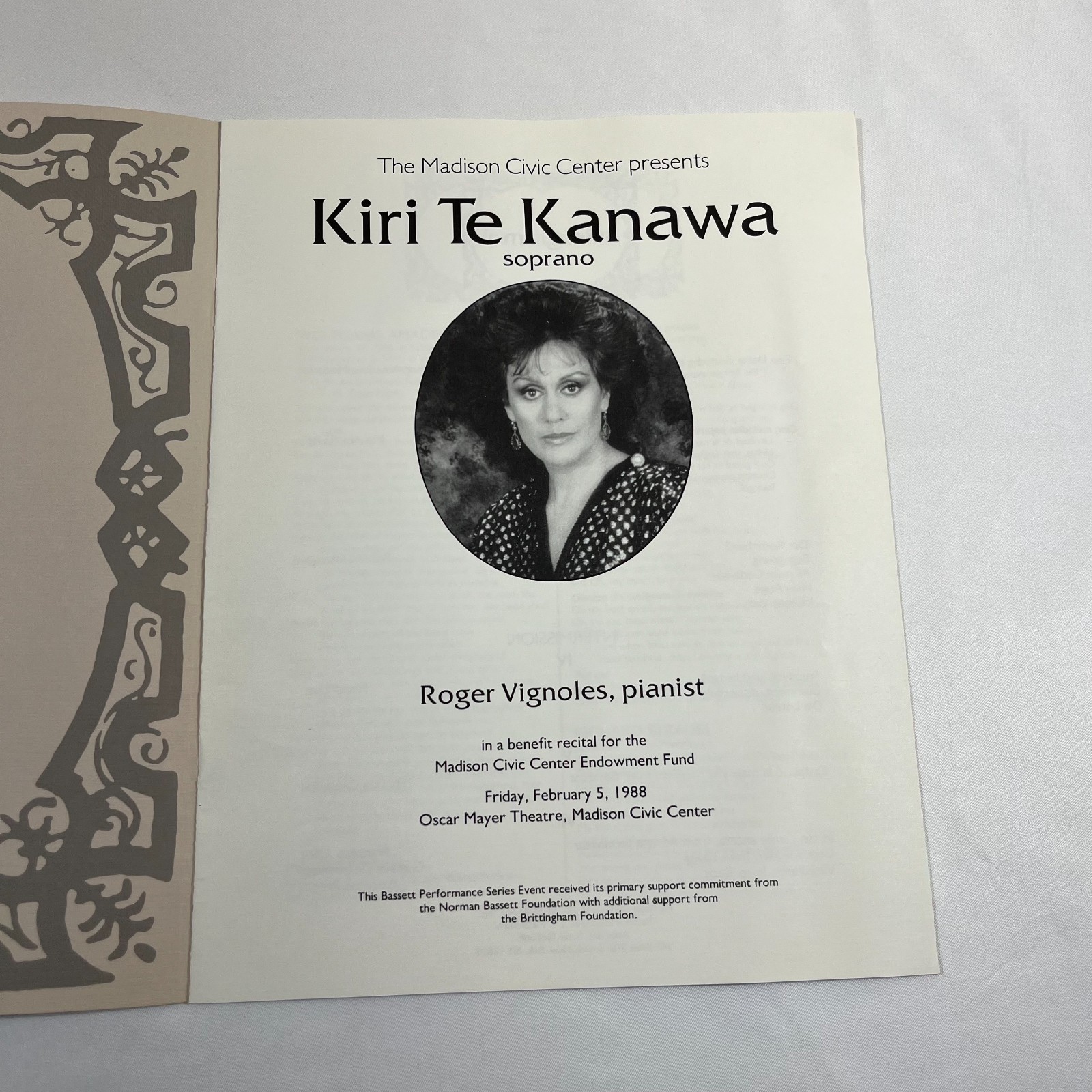 Kiri Te Kanawa 1988 Madison Civic Center Concert Program Opera Memorabilia Vtg
