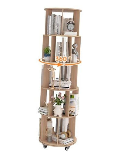 Rotating Bookshelf Tower, 360° Display Stackable Spinning Bookshelf, 5 Wooden