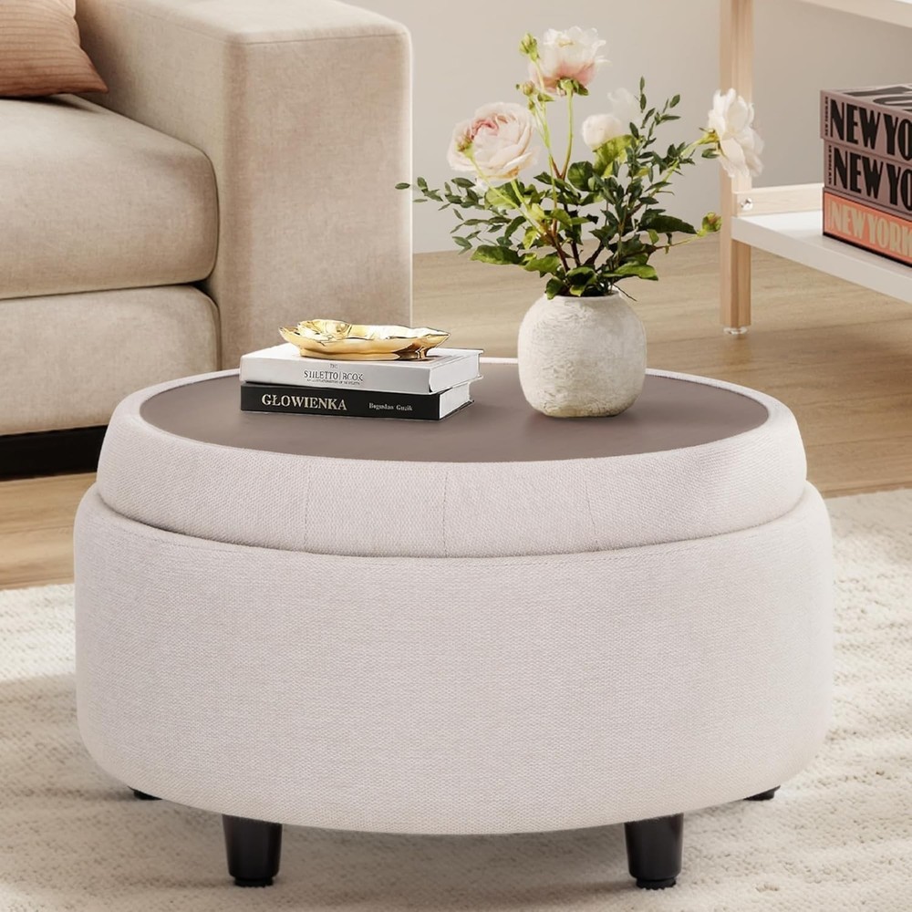 Fabric Round Storage Ottoman W/ Reversible Tray Lid – Multi-Functional Footrest