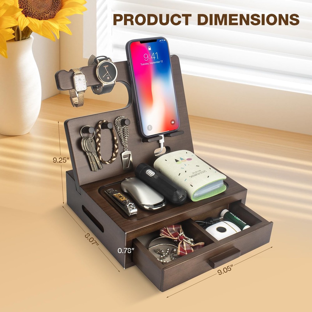 Solid Wood Nightstand Organizer Phone Docking Station Dark Walnut Cedar