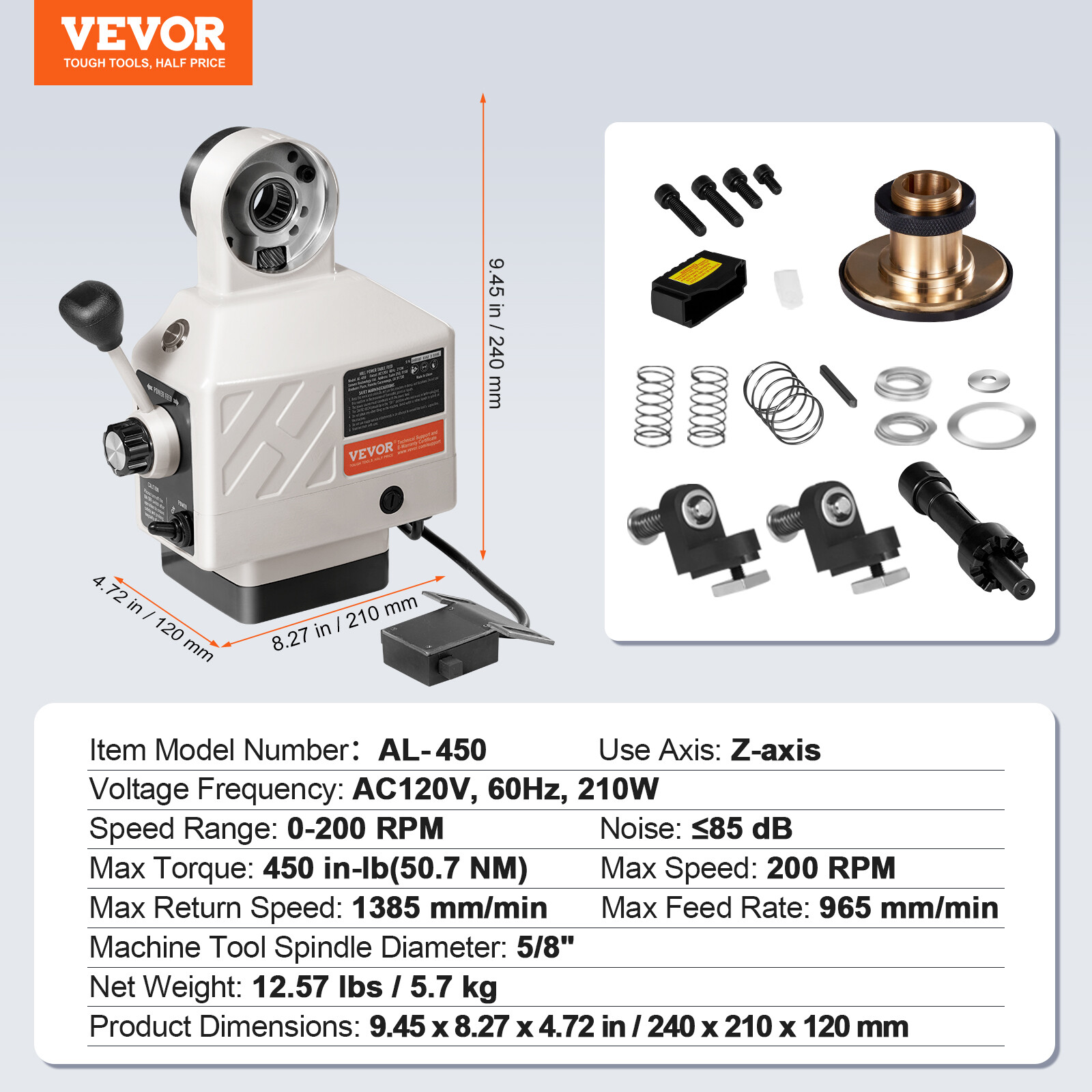 VEVOR Z-Axis Power Feed Table Mill for Milling Machine 450 in-lb Torque 0-200RPM