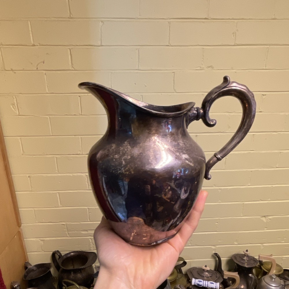 Antique Silverplate Pitcher with Ornate Handle and Monogram 'S'