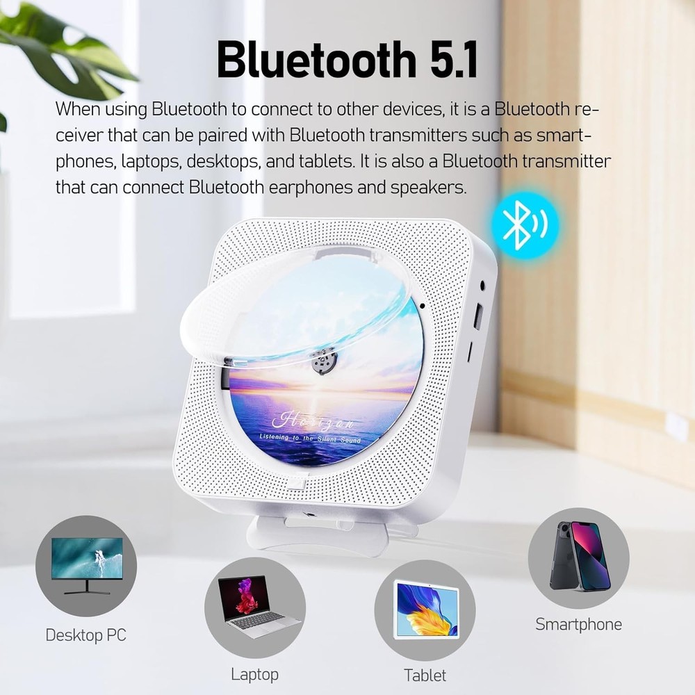 Bluetooth Portable Home CD Music Player with Remote Control, Timer, Built-in ...