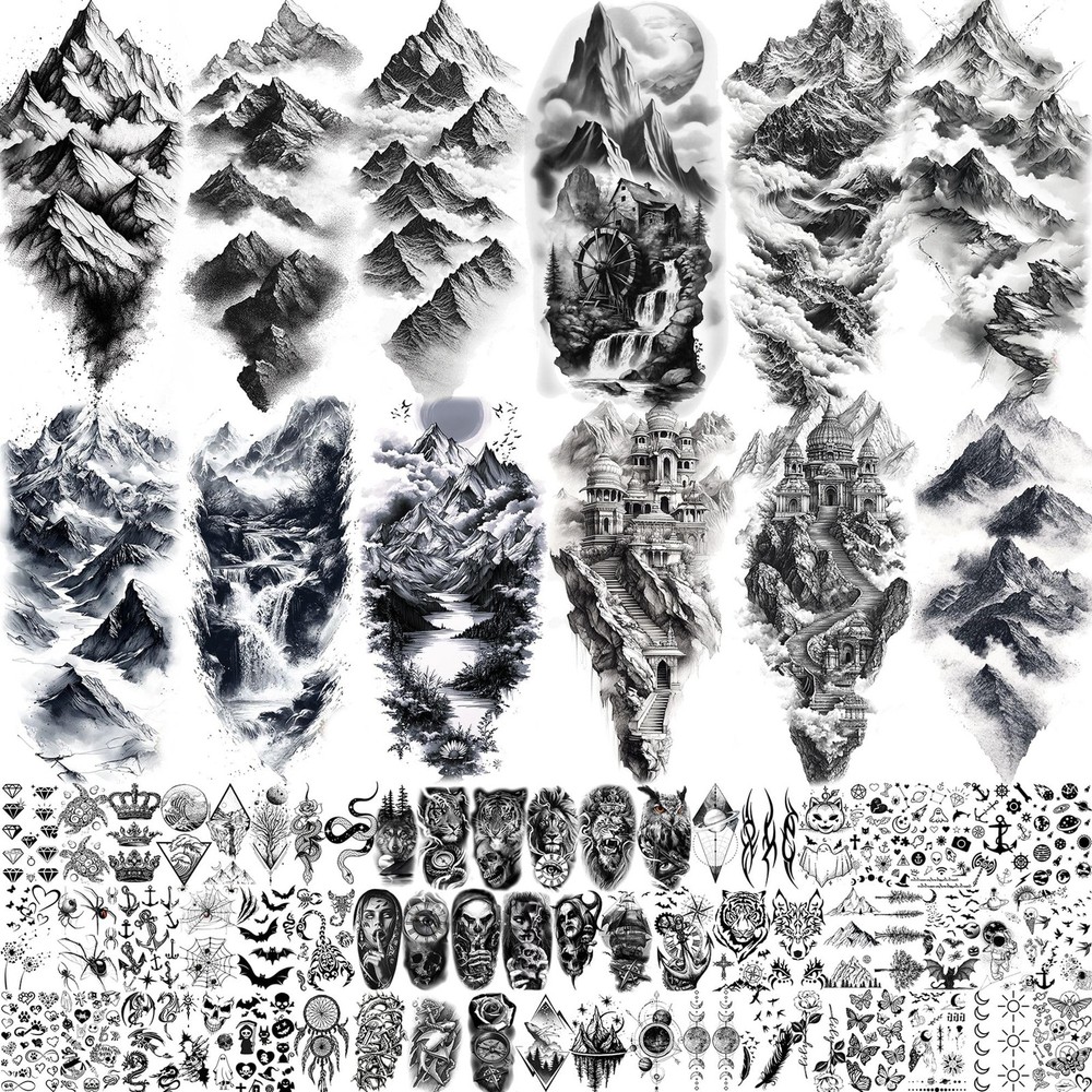 72 Sheets Realistic Mountains Temporary Tattoos For Women Men tiny, Black