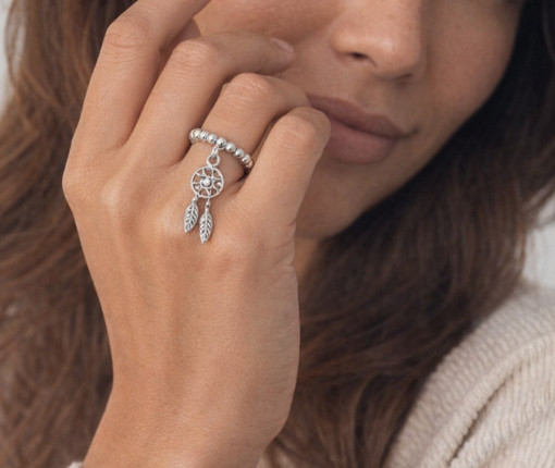 Dreamcatcher Charm Sterling Silver Beaded Stretch Ring All Size's