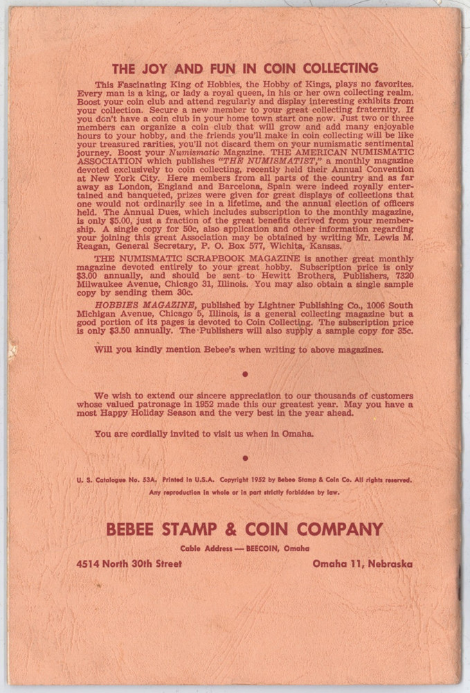 1953 Bebee Stamp & Coin Company Price List Vintage ORIGINAL Historic Prices