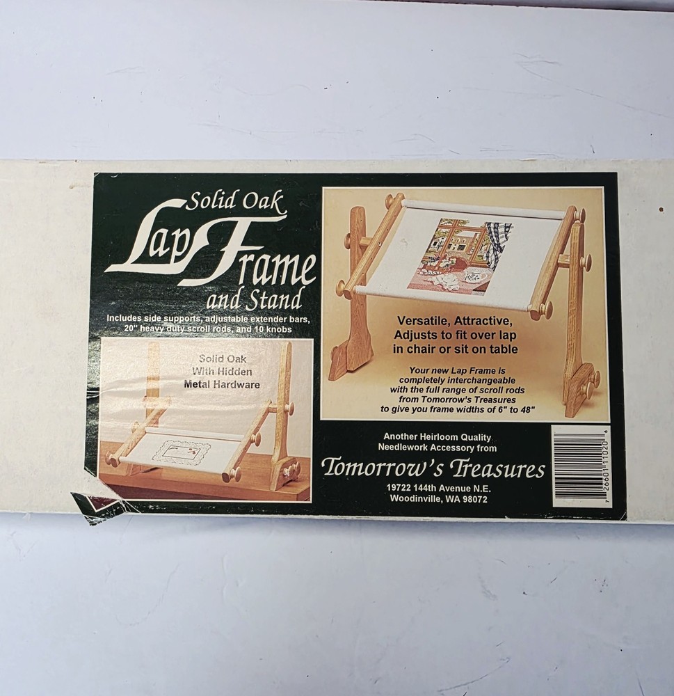 Needlework Craft Oak Lap Frame Stand Scroll Rods Extend NOS Tomorrow's Treasures