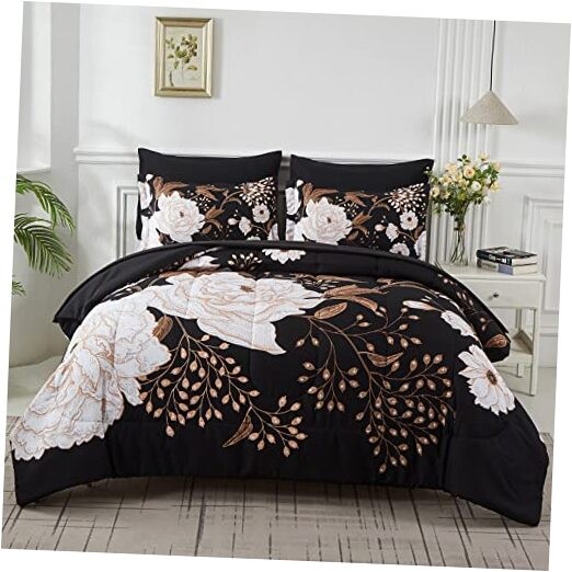 7 Piece Bed in a Bag Comforter Set Botanical Floral Bedding Queen Black Floral