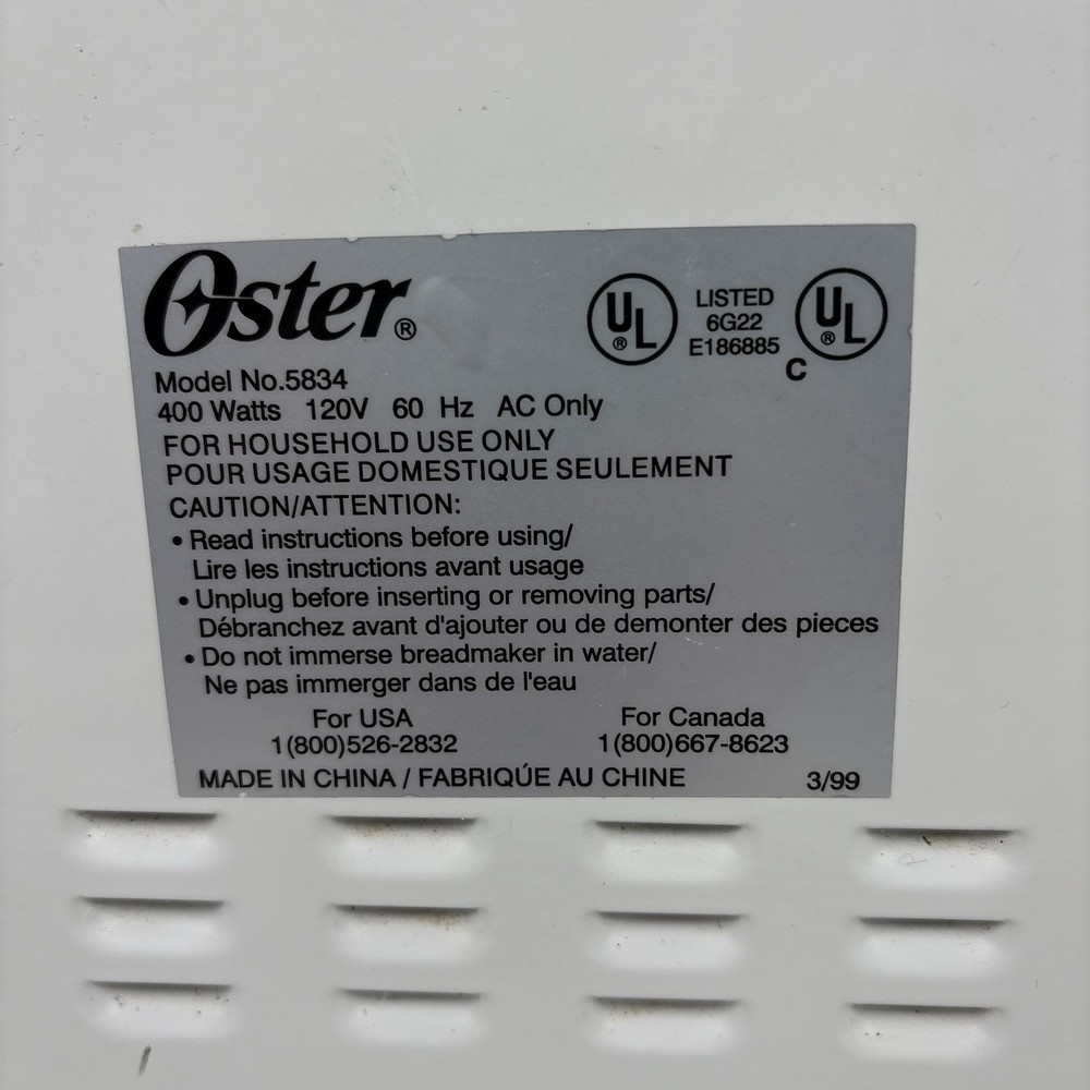 Oster Bread Maker Machine Model 5834 Automatic Dough Bake White Tested