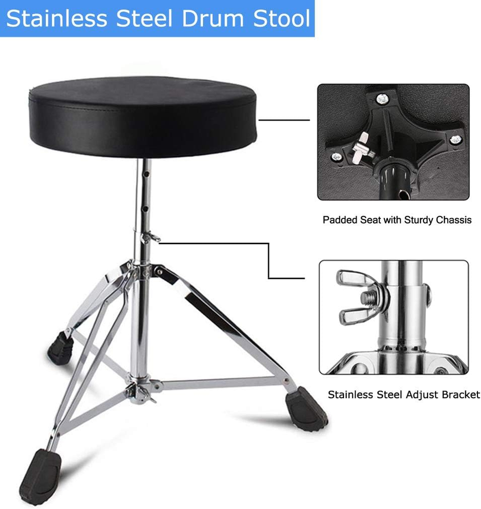 Adjustable Seat Tripod Stool Portable Folding Padded Drum Throne & 5A Drum Stick