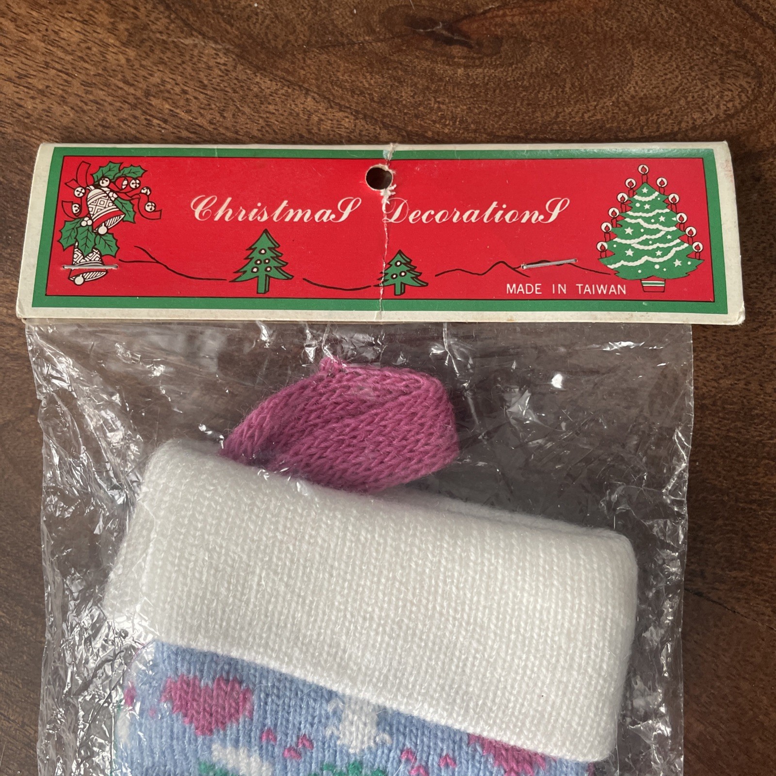 Vintage Christmas Knitted Mini Stocking Ornament Pink Blue 1980s Taiwan Snowman