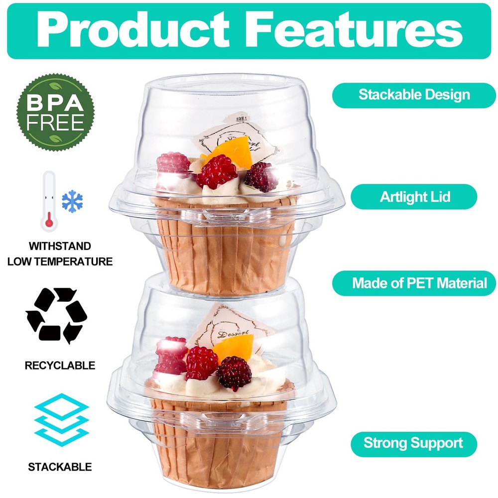 50 Pack Individual Cupcake Containers, Clear Plastic Disposable Cupcake Boxes...