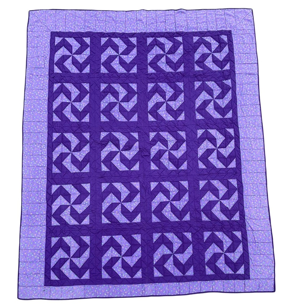 Vtg Patchwork Block Quilt Windmill Pattern 86”x99” Hand Made Cotton Purple