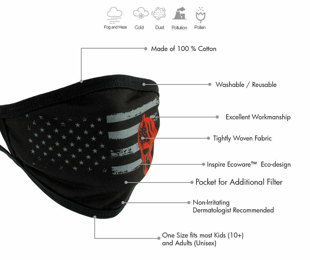 Protective Face Mask - Gladiator & Flag - Soft Cotton - With Tie Back BLACK