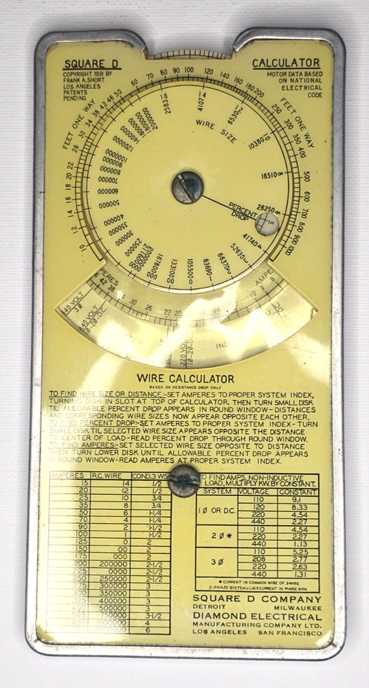 1931 Square D Motor Data Wire Calculator Diamond Electrical Mfg