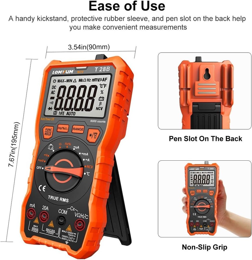 Lomvum Digital Multimeter, 6000 Counts Electrical Tester AC/DC E, Orange