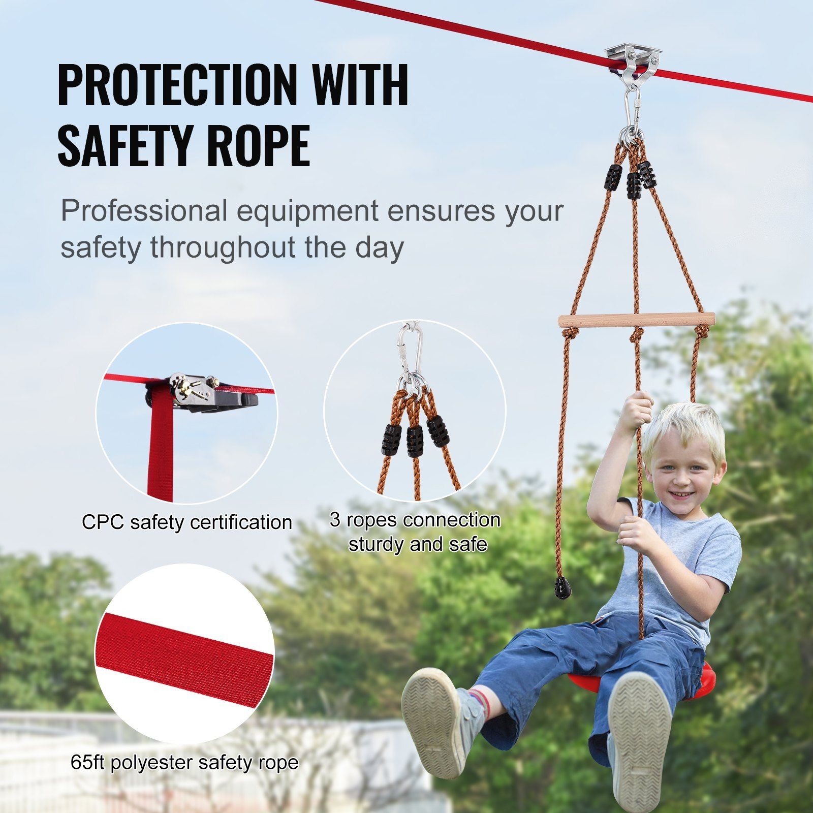 VEVOR Zipline Kit for Kids and Adult, 65 ft Zip Line Kits Up to 500 lb, Backyard