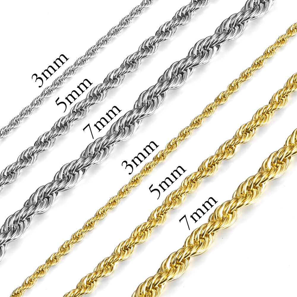 3/5/7mm Twisted Rope Chain Gold Plated Stainless Steel Link Necklace Christmas