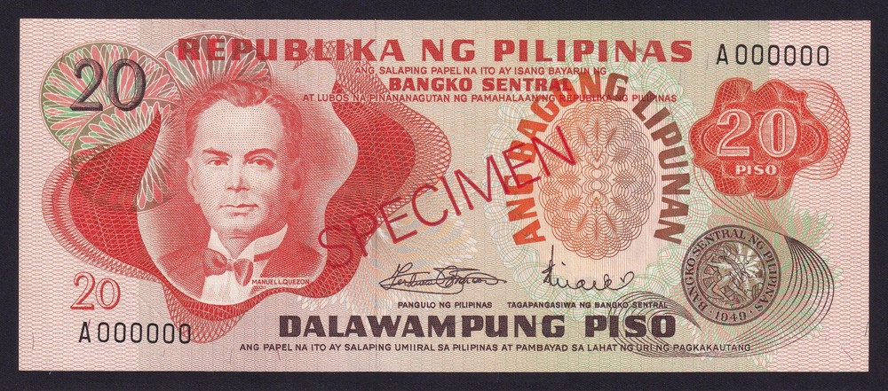 ABL 20 Pesos SPECIMEN Marcos SINGLE SPECIMEN A000000 Philippine Banknote