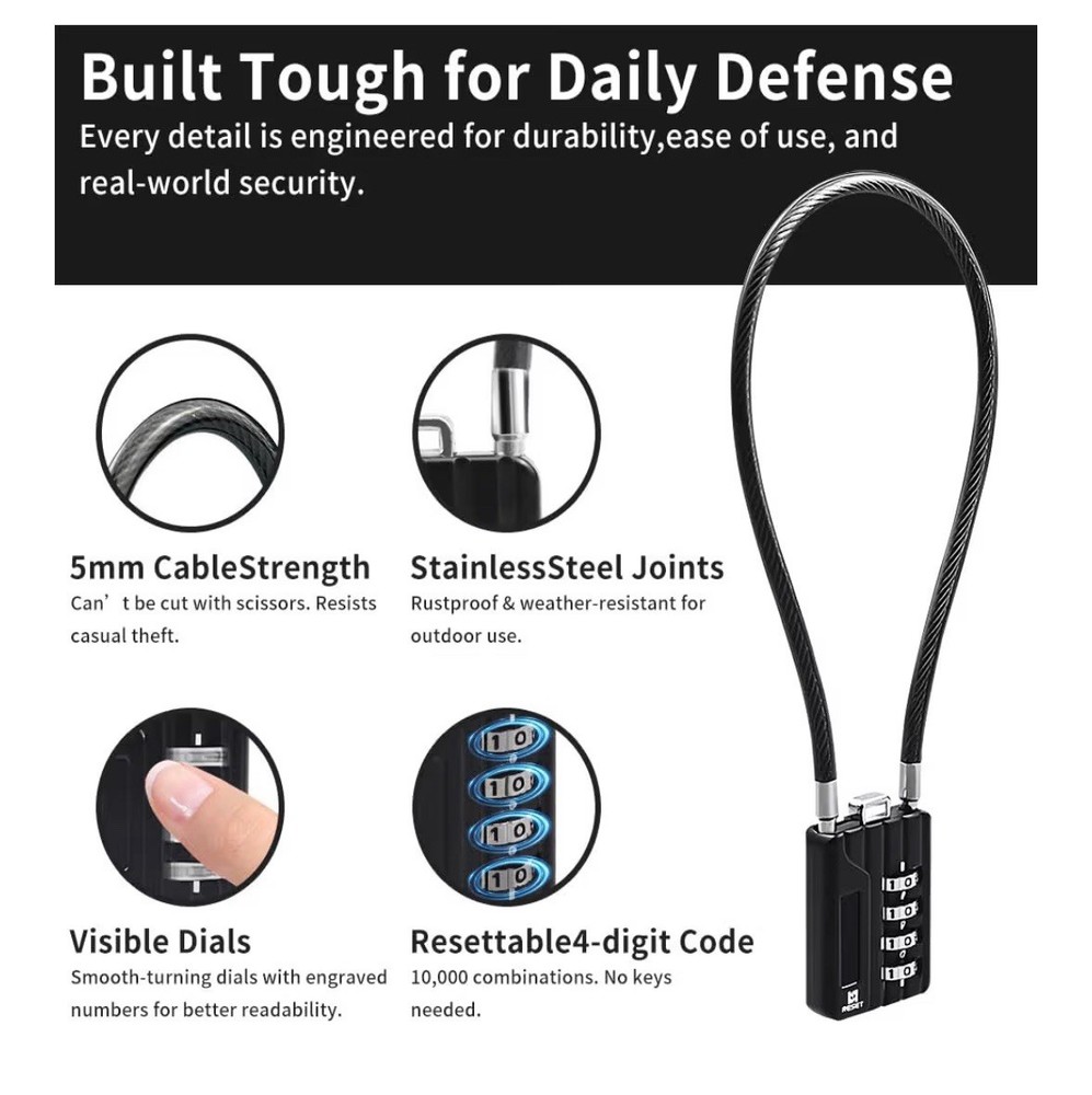 4 Digit Cable Combination Lock 20” (50cm) Flexible - 5 mm Diameter - Black