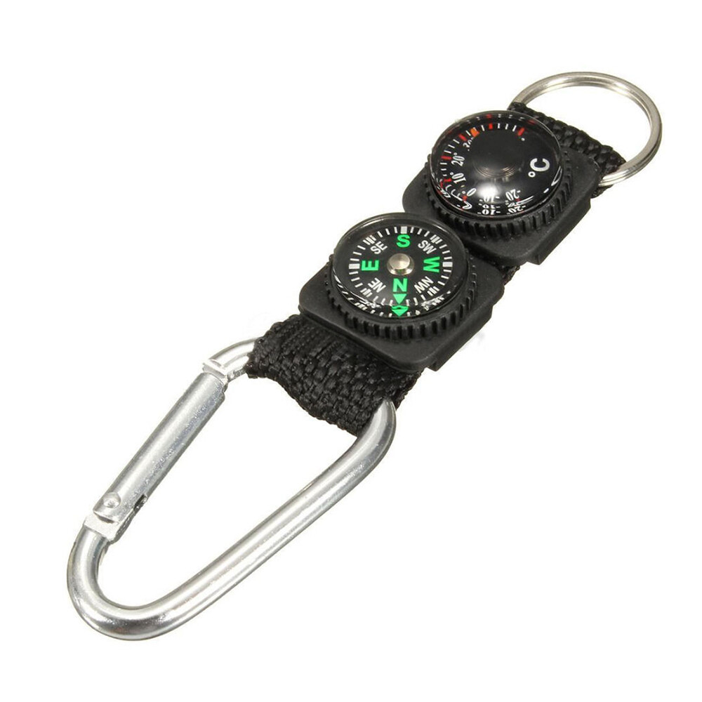 Multifunction Mini Compass Camping Survival Thermometer Carabiner Hook Keychain
