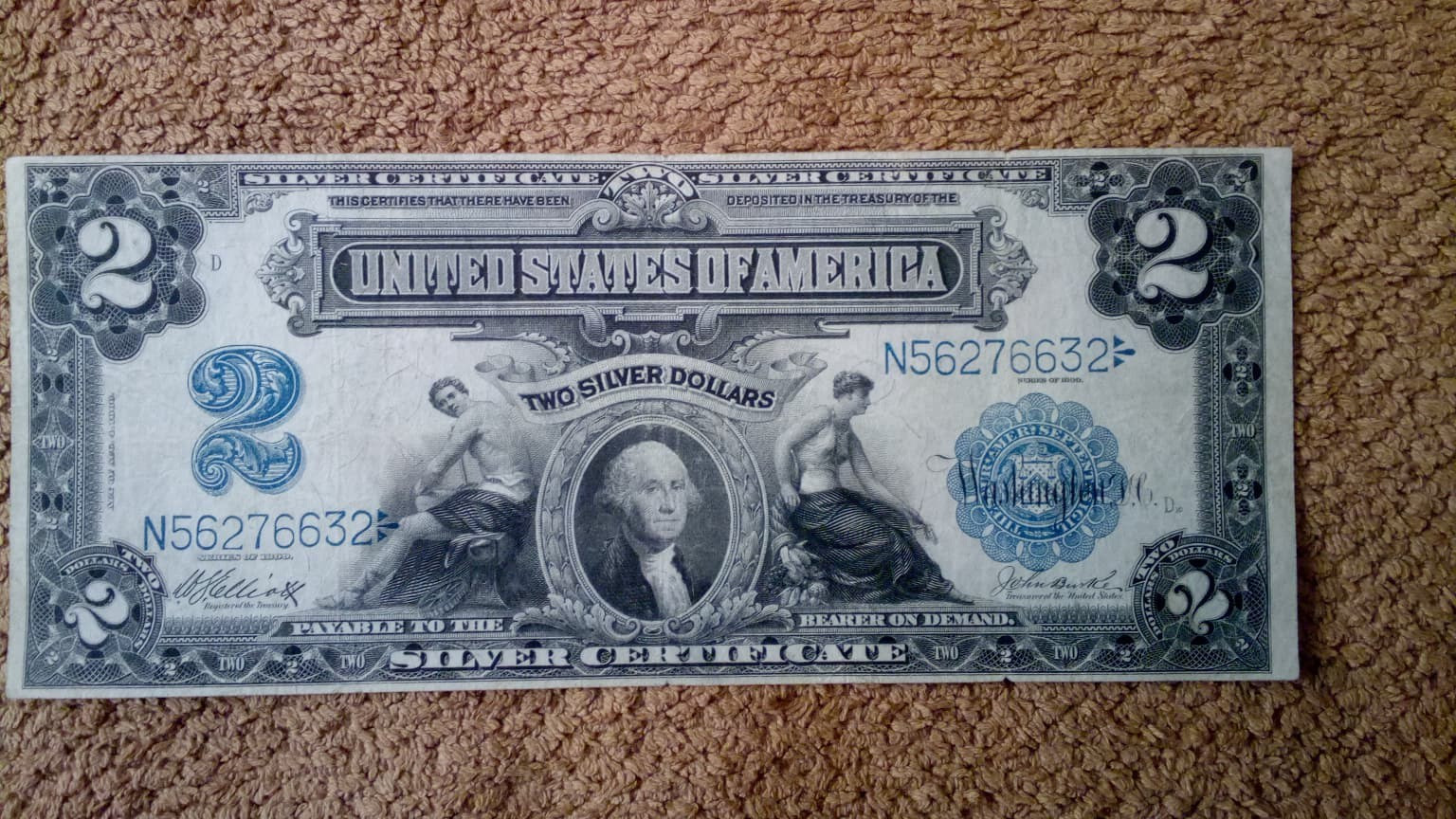 1899 $2 TWO DOLLAR SILVER CERTIFICATE NOTE (NICKNAME OF MINI PORTHOLE), VF+/VF++