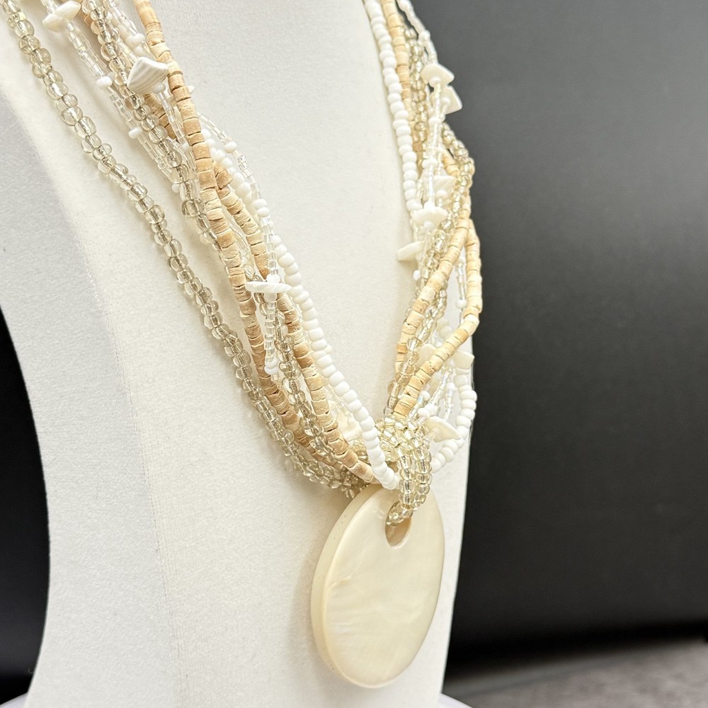 Vintage Cream Shell Disc Multi-Strand Bead Necklace Boho Statement