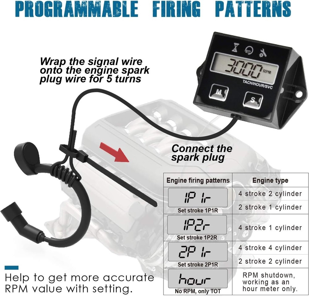 Compact Hour Meter Tachometer with Programmable Maintenance Alerts for Equipment