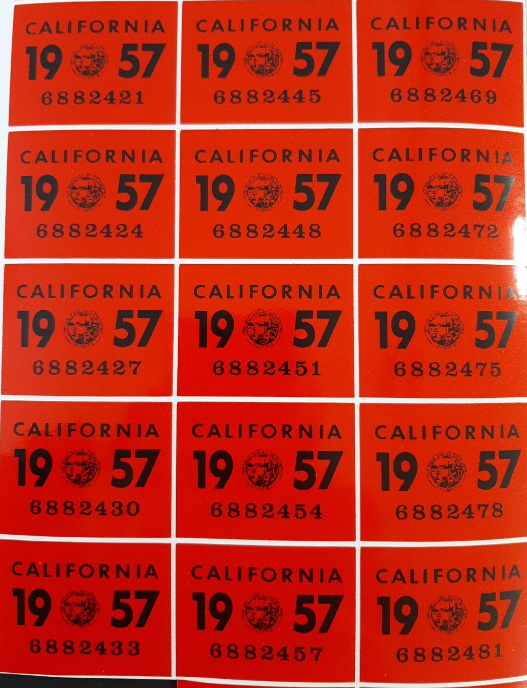 1957 California License Plate Reflective Registration Sticker, YOM, CA DMV