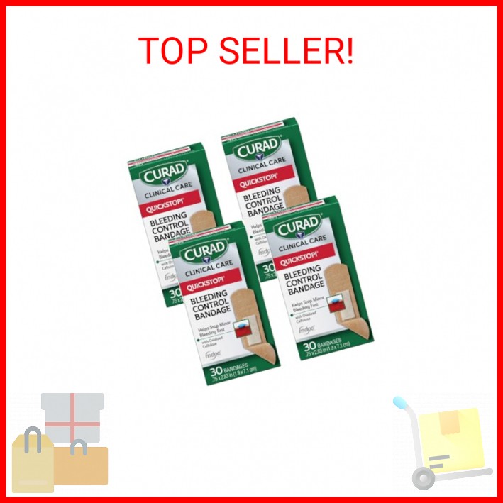 Curad QuickStop Bleeding Control Bandages, Assorted Sizes, 30 Count (Pack of 4)