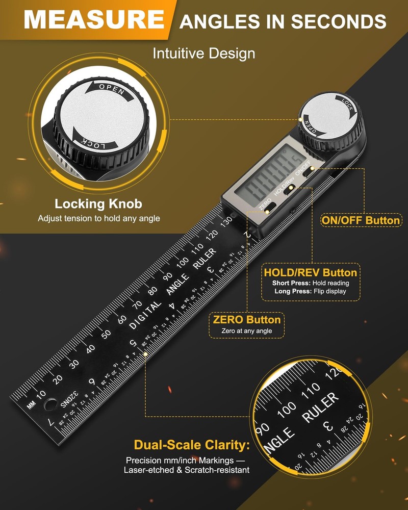 Protractor, Digital Angle Finder Protractor with LCD Display, 2-in-1 Black