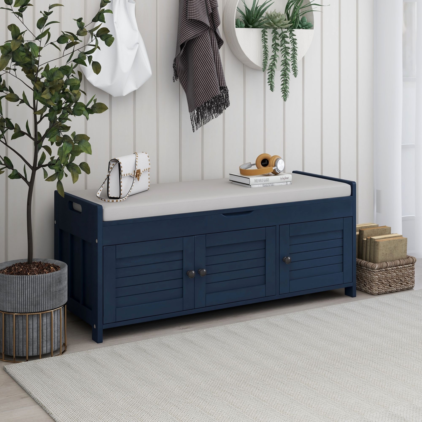 Storage Bench for Entryway, Shoe Bench with Lift Top Storage & 3 Doors w/Cushion
