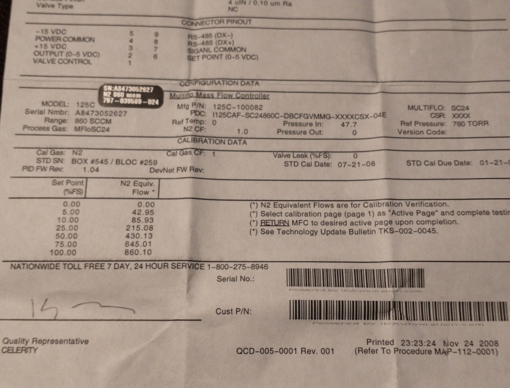 Celerity Mass Flow Controller IFC-125C SC24 860 SCCM N2