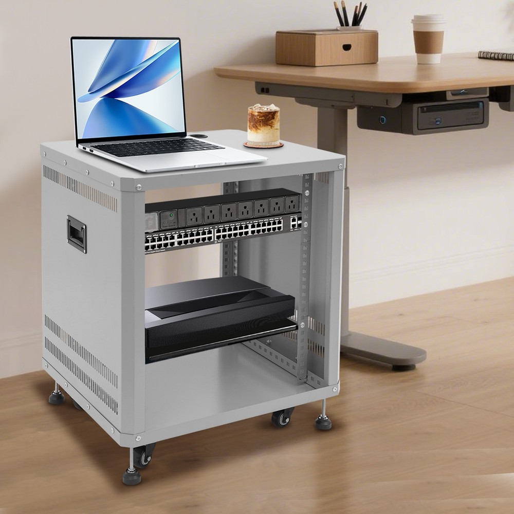 Network & Stereo Rack Rolling Server Rack Open Cabinet with Caster Wheels Grey