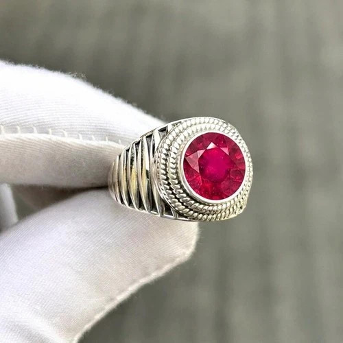 925 Silver Men Round Ruby Statement Ring Bohemian Style Jewelry