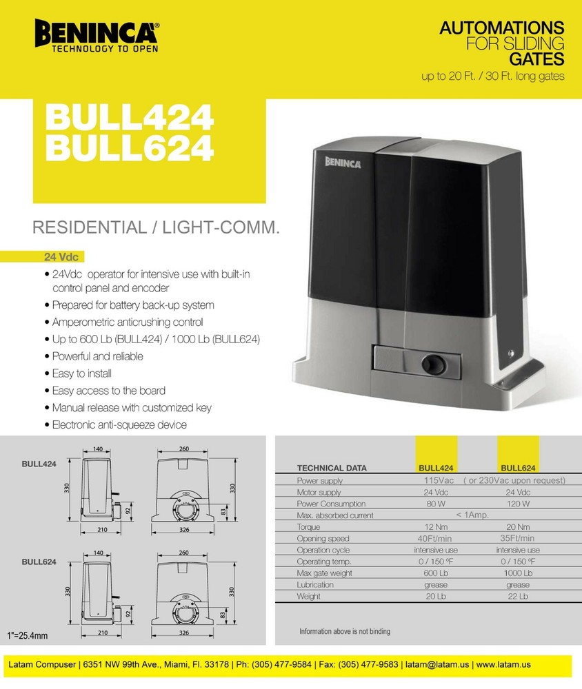BENINCA SLIDE GATE OPENER / OPERATOR (BULL624R)