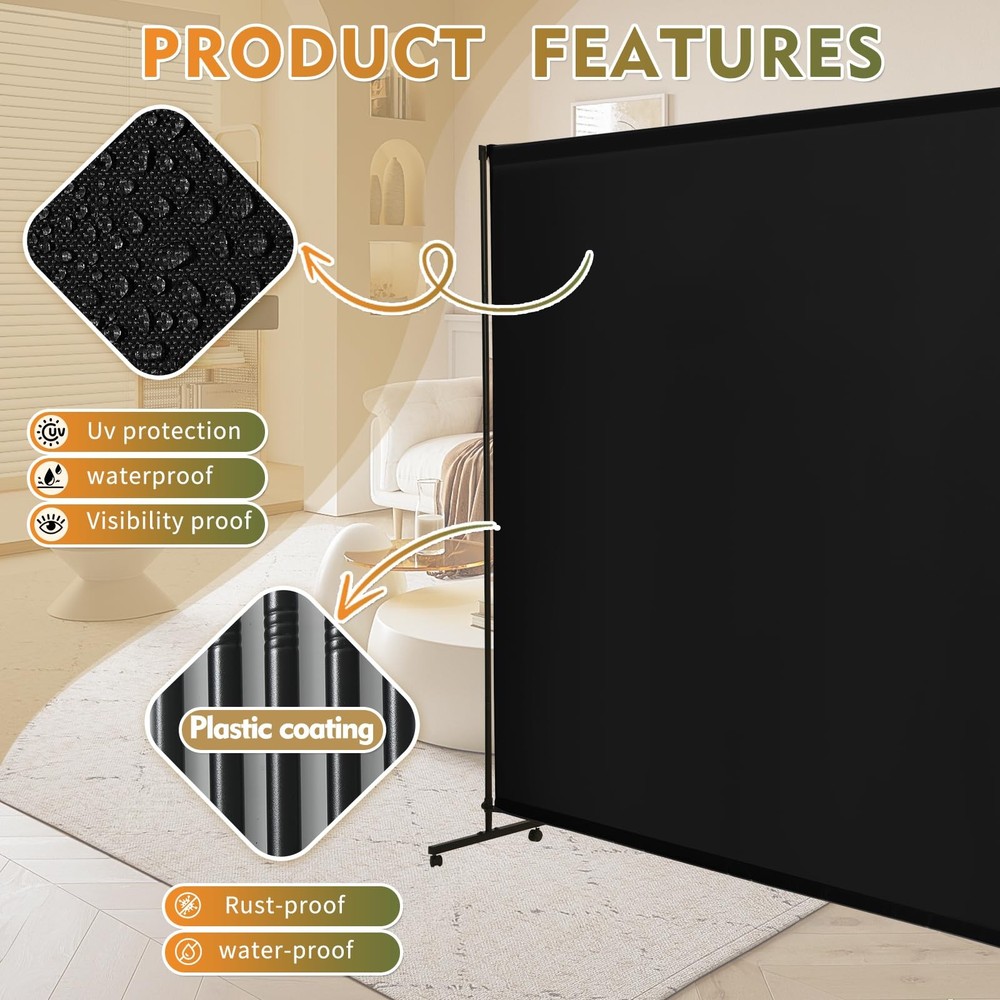 Room Divider Screen 72"x72" with Lockable Caster Wheels, Privacy Panel for Ho...