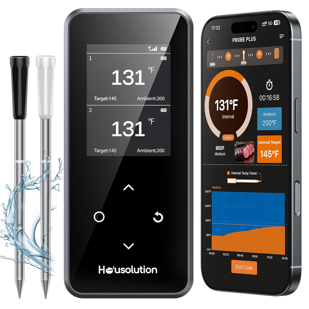 Wireless Bluetooth Meat Thermometer, Smart App & Standalone Base, Dual Probes &