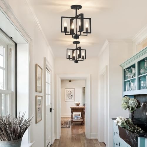 4-Light Semi Flush Ceiling Light, Modern Industrial Light 4 Light Black