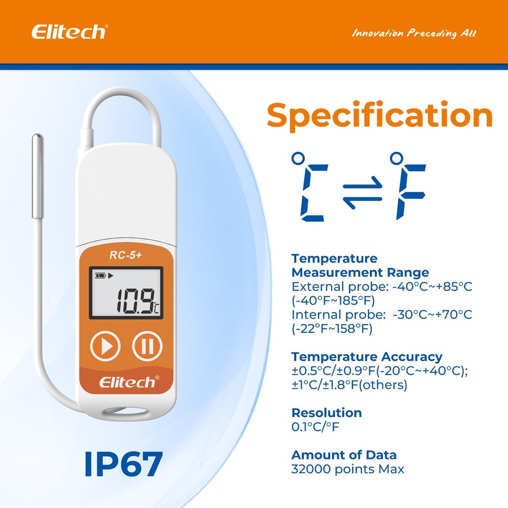 RC-5+ TE Digital PDF USB Temperature Data Logger Reusable Recorder Refrigerat...