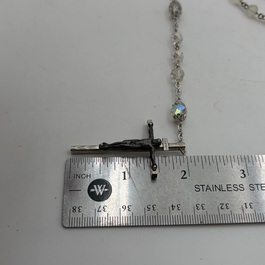 Vintage PLAIN SIMPLE SILVER TONE 2" CRUCIFIX Catholic CRYSTAL BEADS- ROSARY