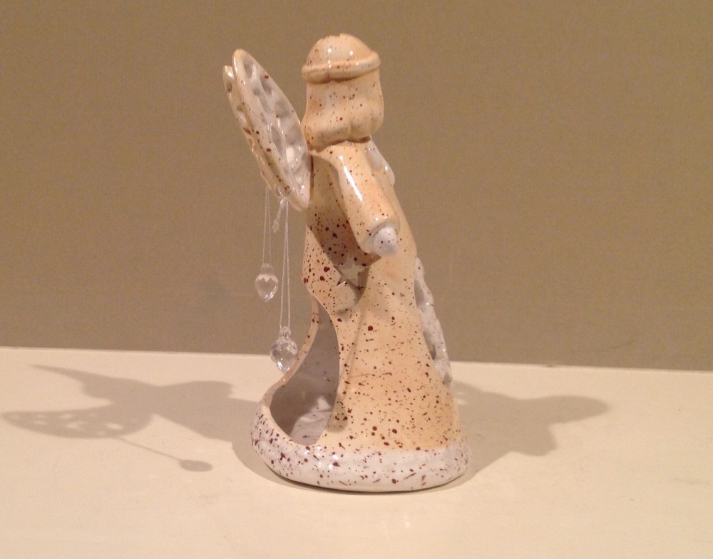 Ceramic White and Tan Speckled Angel Candle Holder